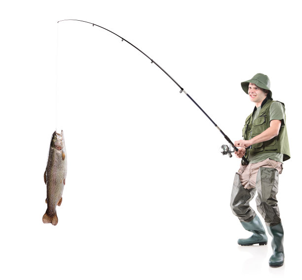 兴高采烈的年轻渔夫捉了一条鱼素材图片