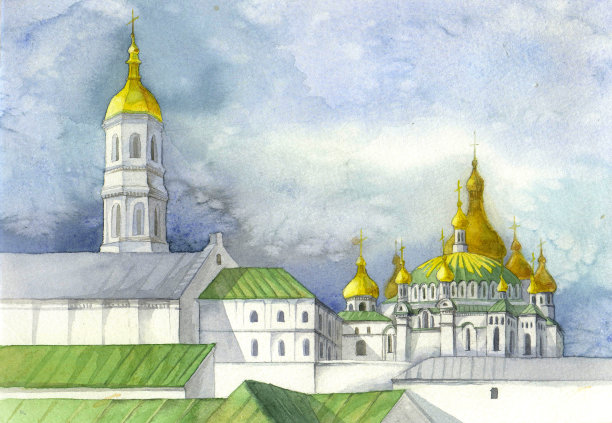 东正教教堂的水彩画图片下载
