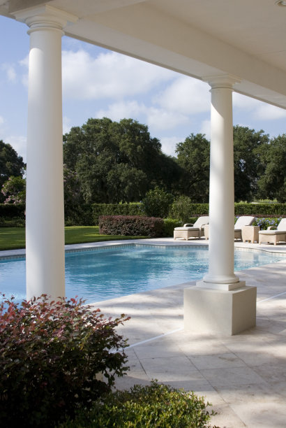 豪华的后院游泳池与柱子，天空和树图片下载