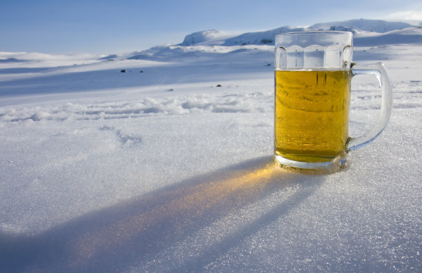 一壶啤酒放在雪上图片下载