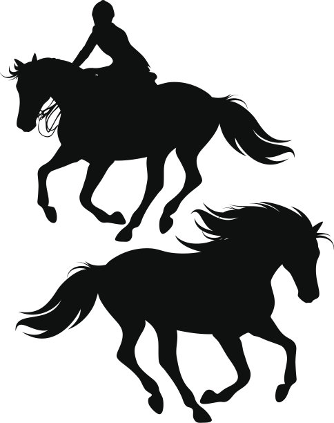 一匹马的剪影和另一匹马和骑手的剪影图片下载