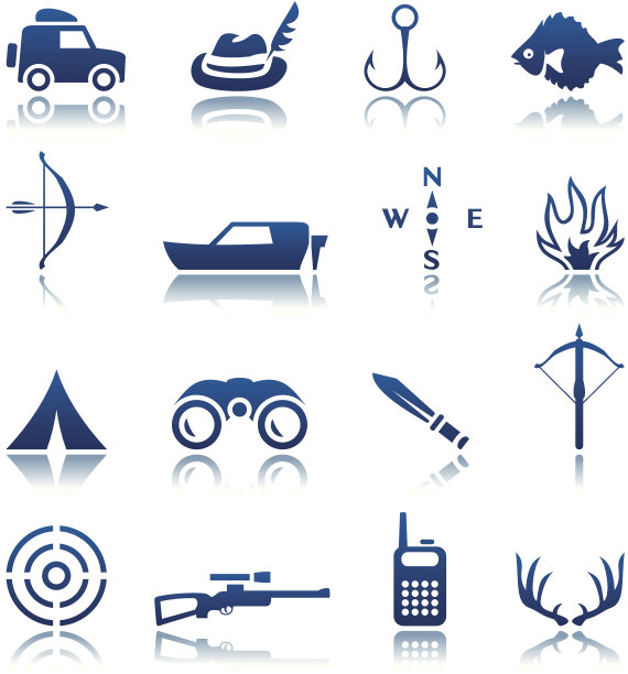 一套蓝色和白色的狩猎和钓鱼图标图片下载