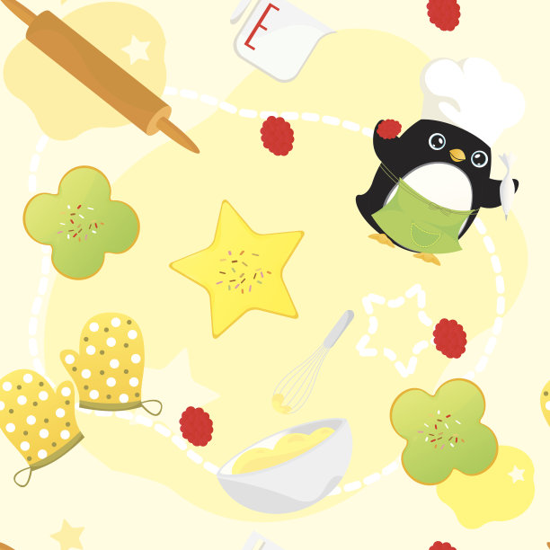 企鹅制作曲奇无缝背景图片下载