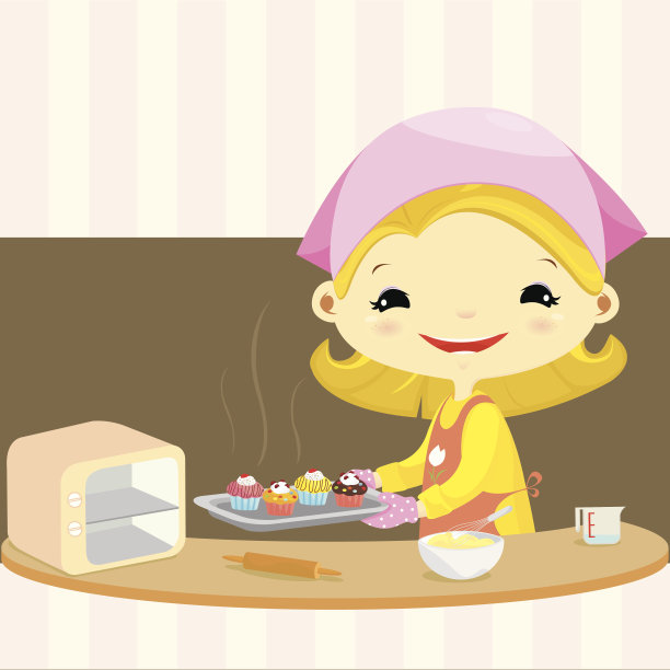 可爱的女孩在厨房做杯子蛋糕图片下载