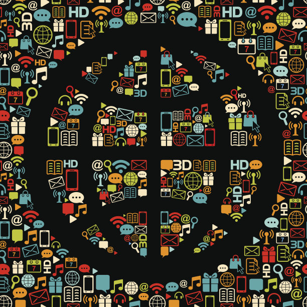 由彩色图标制成的矢量球体。黑色上的复古色彩。图片下载