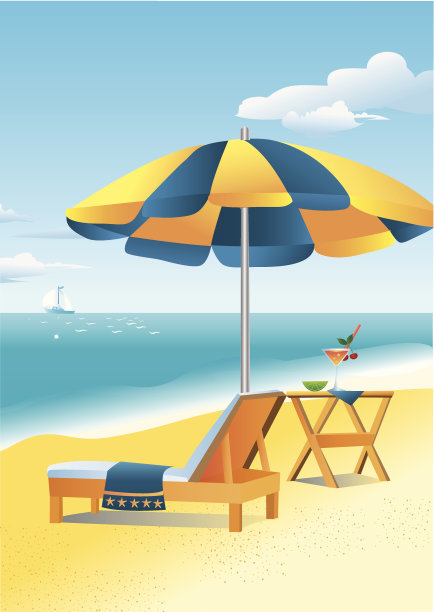 沙滩伞，躺椅和饮料在桌子上图片下载