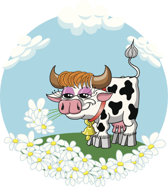 有趣的卡通牛吃雏菊图片下载