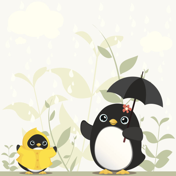 妈妈和小企鹅在雨天图片下载