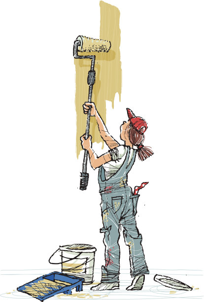 一个年轻女子正在把一堵墙漆成暗黄色图片下载