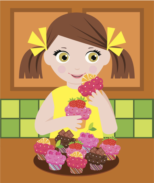 小女孩在厨房里拿着纸杯蛋糕图片下载