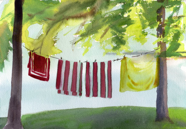 夏天洗衣-水彩画图片下载