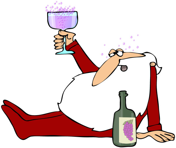 醉醺醺的圣诞老人拿着酒杯，旁边是酒瓶图片下载