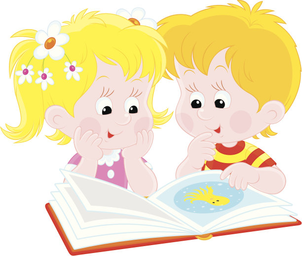 女孩和男孩在看一本儿童读物素材图片