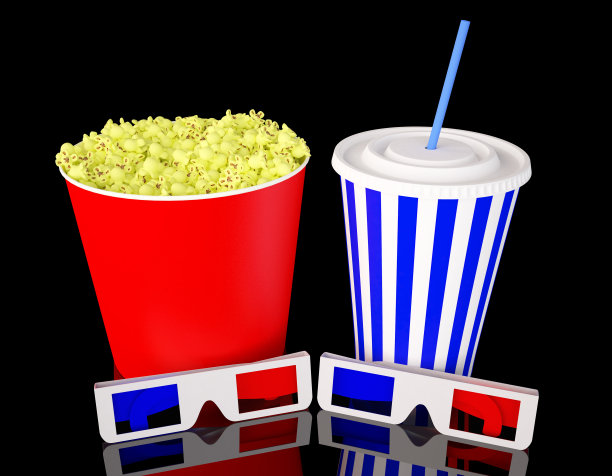 3d眼镜，爆米花和苏打饮料图片下载