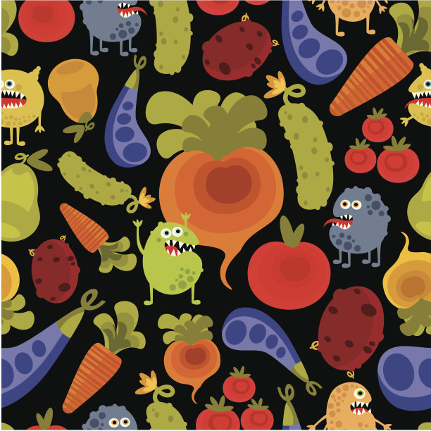 蔬菜和水果与微生物无缝背景。图片下载