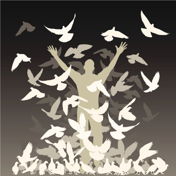 人在一群鸟的单色模型插图图片下载