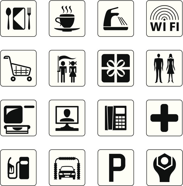 加油站，商场和汽车旅馆的图标集图片下载