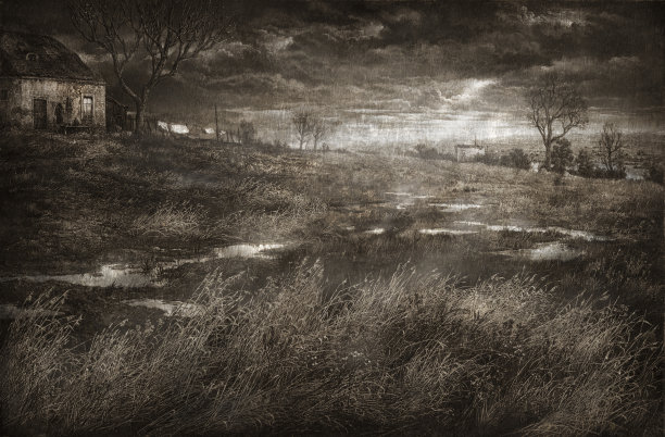 一个雨天的老照片在一个有房子和树的田野上图片下载