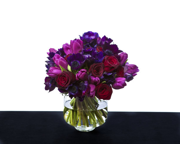 花瓶里有一束郁金香、银莲花、黑巴卡拉玫瑰图片下载