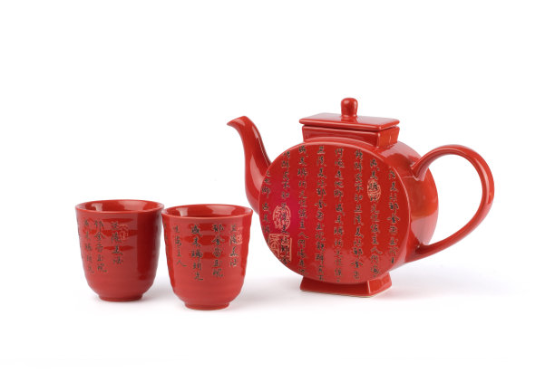 红色茶壶和杯子图片下载