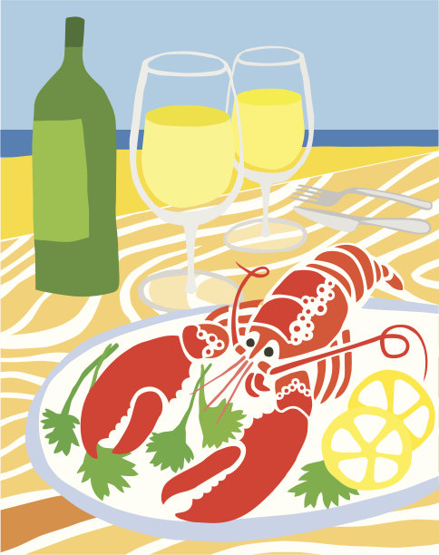 海滩上的龙虾和白葡萄酒图片下载