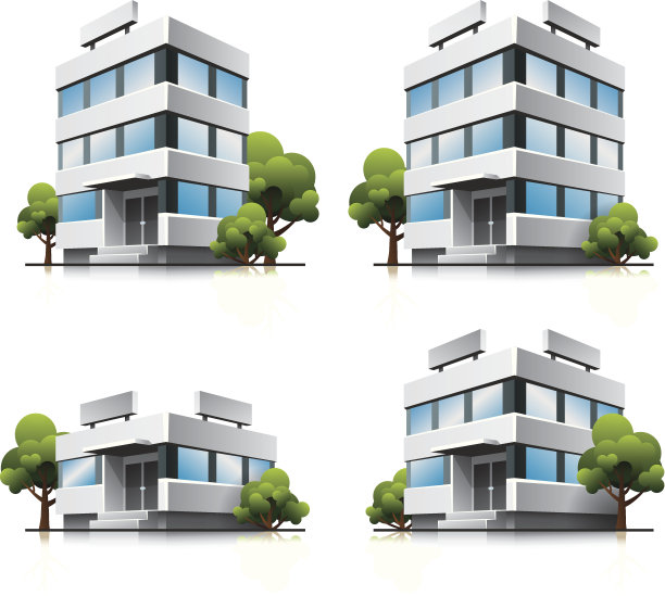 四个卡通办公向量建筑与树木图片下载
