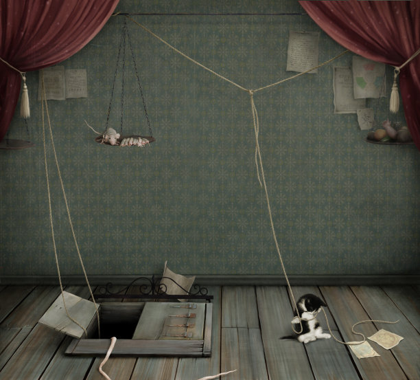 黑暗的房间，地窖，小猫和老鼠。图片下载