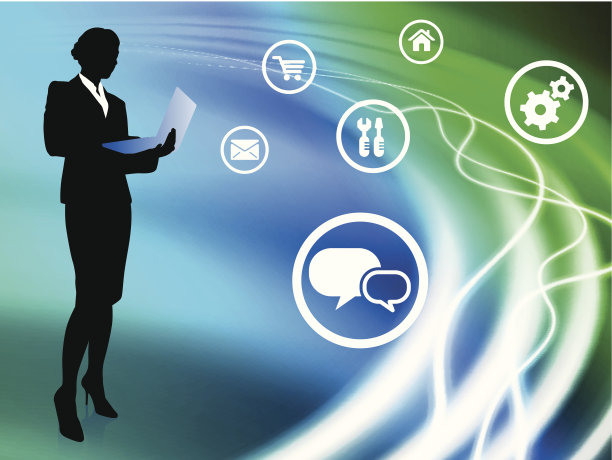 女商人和笔记本电脑抽象背景与互联网图标图片下载