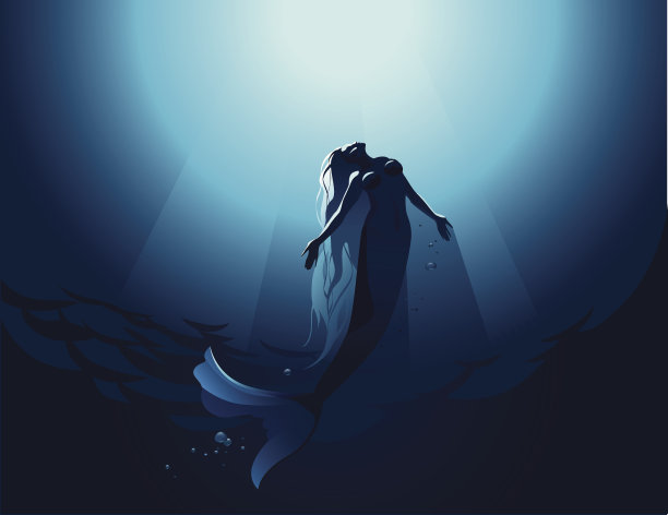 美人鱼游向蓝色海面插画素材图片