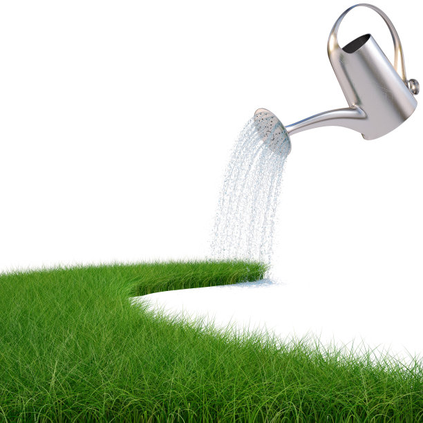 不锈钢喷壶将水倒在草地上图片下载