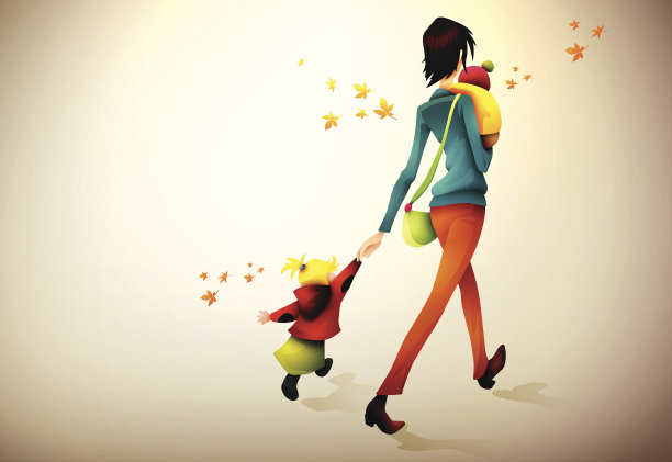 秋天的背景|女人醒来匆忙与她的孩子图片下载