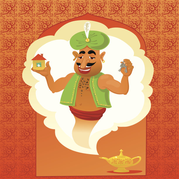 阿拉丁灯，精灵，房子和钥匙。图片下载