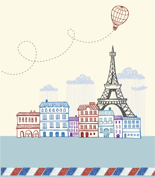 旧明信片上被雨水淹没的巴黎的线条图图片下载