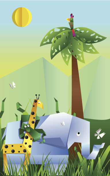 非洲动物在纸上做风景图片下载