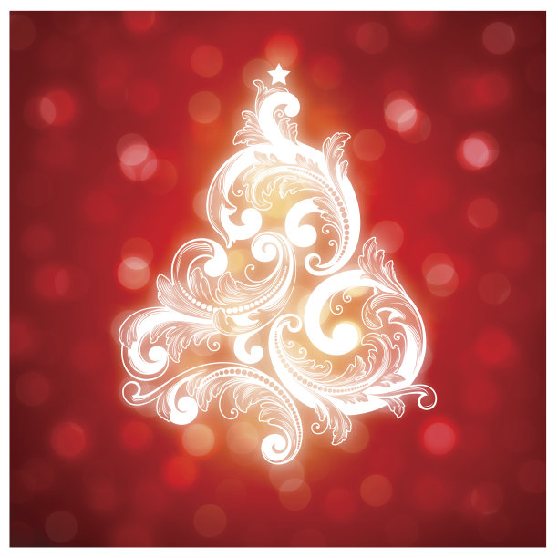 漩涡圣诞树在红色的散景背景。图片下载