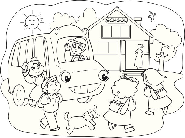 卡通学生在校车上图片下载