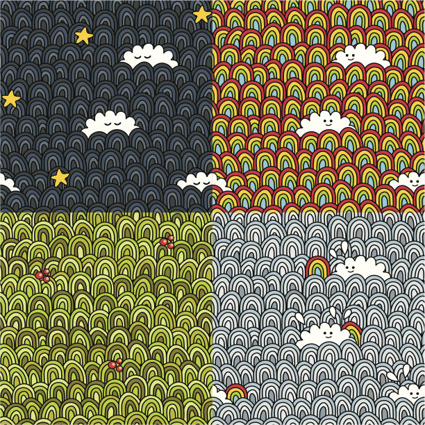 四个有趣的无缝模式，天空和地面。图片下载