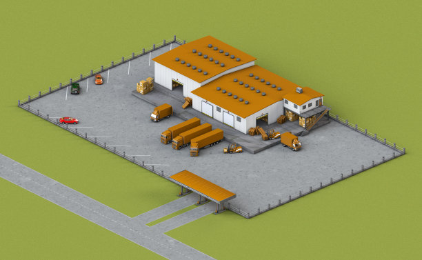 配有卡车、装载机和箱子的基础设施仓库示意图图片下载