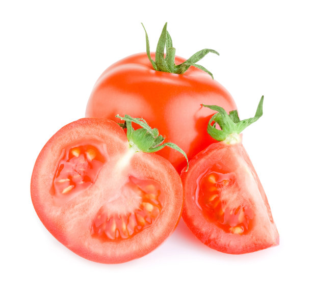 一个新鲜多汁的番茄，切成两半，切片图片下载