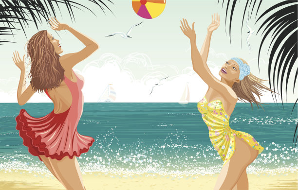 两个美丽的女孩在海滩上图片下载