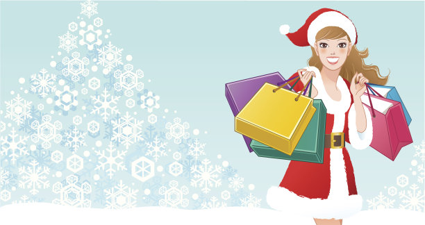 圣诞女孩拿着纸袋。圣诞购物图片下载