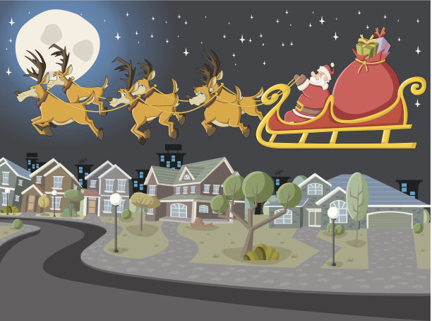 圣诞老人乘着雪橇和驯鹿飞翔图片下载