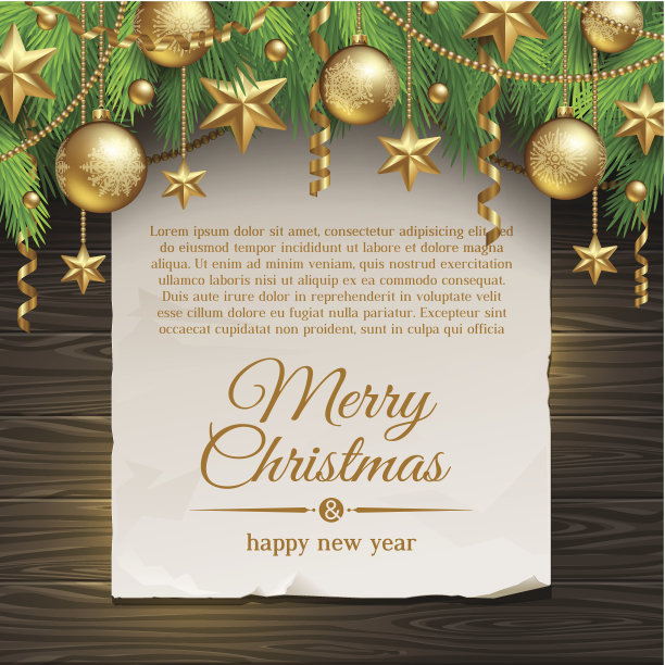 用金色装饰的圣诞树树枝和问候纸横幅图片下载