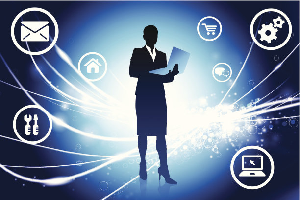 女商人在蓝色光纤背景与互联网图标图片下载