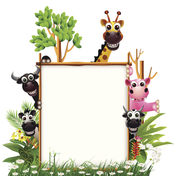 有趣的动物微笑与空白标志和热带森林背景图片下载