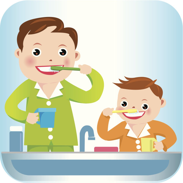 男孩和爸爸正在刷牙图片下载