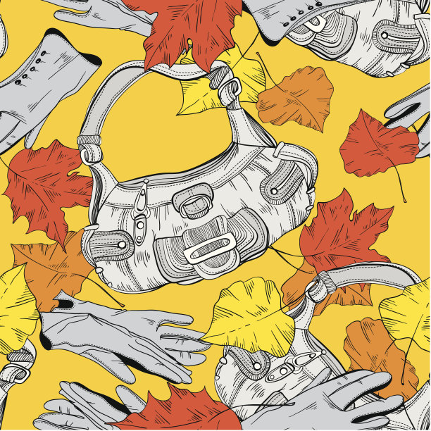 无缝图案与秋叶，女式手套和手袋图片下载