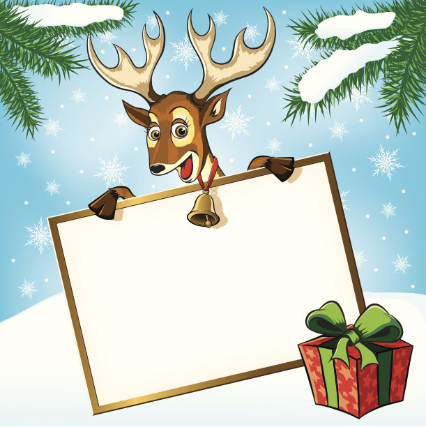 圣诞小鹿带着礼物。贺卡。图片下载