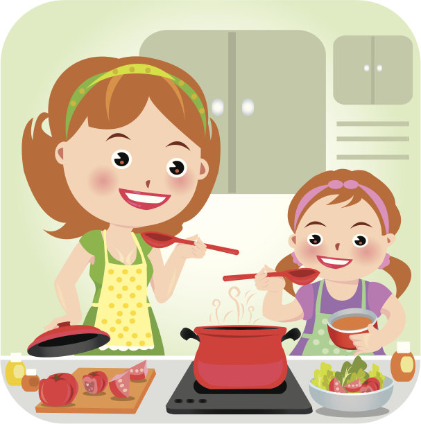 家庭主妇和女孩做饭图片下载