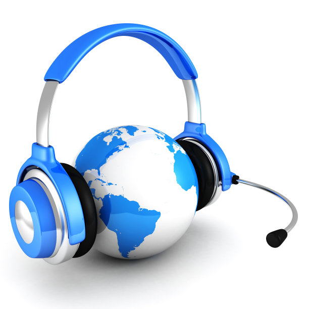 带耳机的蓝色地球仪。全球通讯概念图片下载